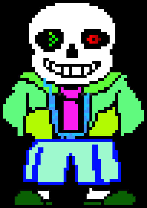 Undertale Sans 桌布 壁紙 — 像素藝術骷髏角色，身穿綠色外套、粉紅色領帶和藍色短褲，背景為黑色。