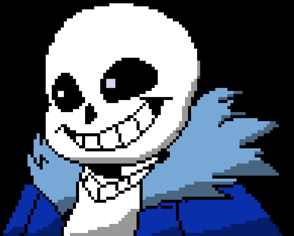 Undertale 桌布 壁紙 — 像素藝術骷髏角色，身穿藍色外套和圍巾，在黑色背景上咧嘴笑。