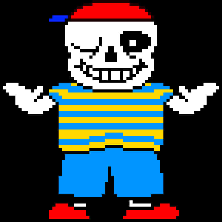 Undertale 桌布 壁紙 — 像素藝術骷髏角色，身穿藍色短褲和條紋襯衫，雙臂伸展，背景為黑色。