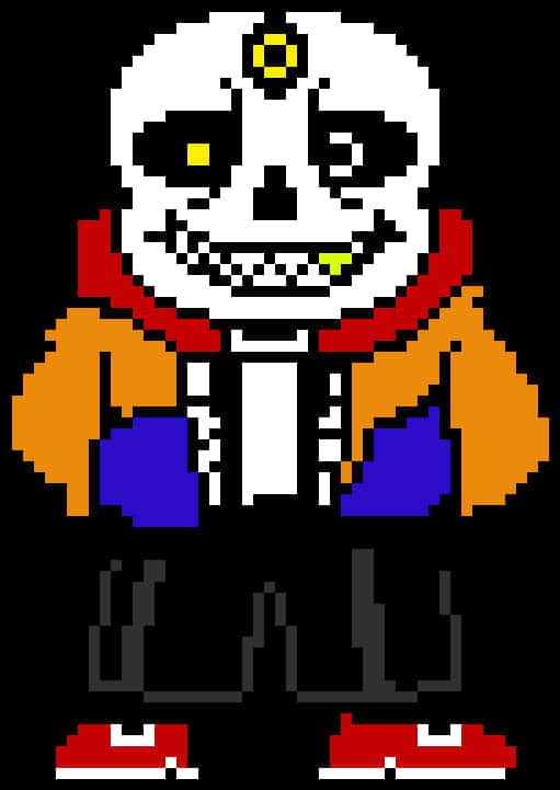 Undertale 桌布 壁紙 — 像素藝術骷髏角色，黃色眼睛，紅色圍巾，黑色背景。