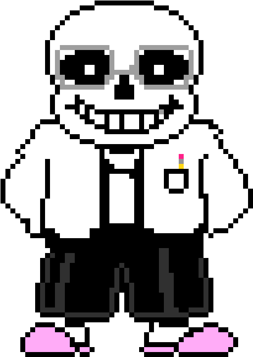 Sans 桌布 壁紙 — 像素藝術骷髏角色戴眼鏡和粉紅色鞋子站在黑色背景前。