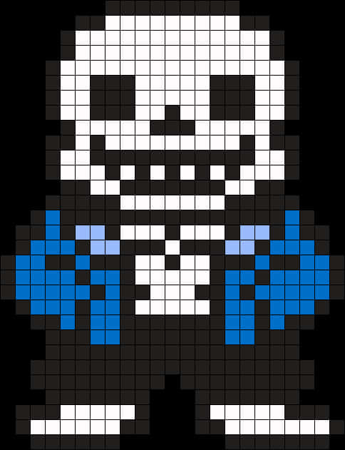 Undertale Sans 桌布 壁紙 — 像素藝術骷髏角色身穿藍色外套，站在黑色背景前，帶有塊狀白色骨頭和笑容。