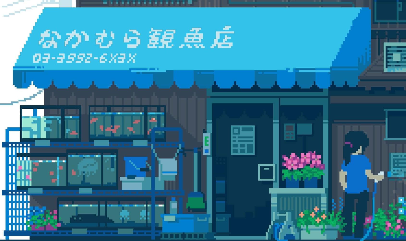 桌布 壁紙 — 像素藝術魚店，設有藍色遮陽篷和水族箱，展示色彩繽紛的魚類和水生植物。