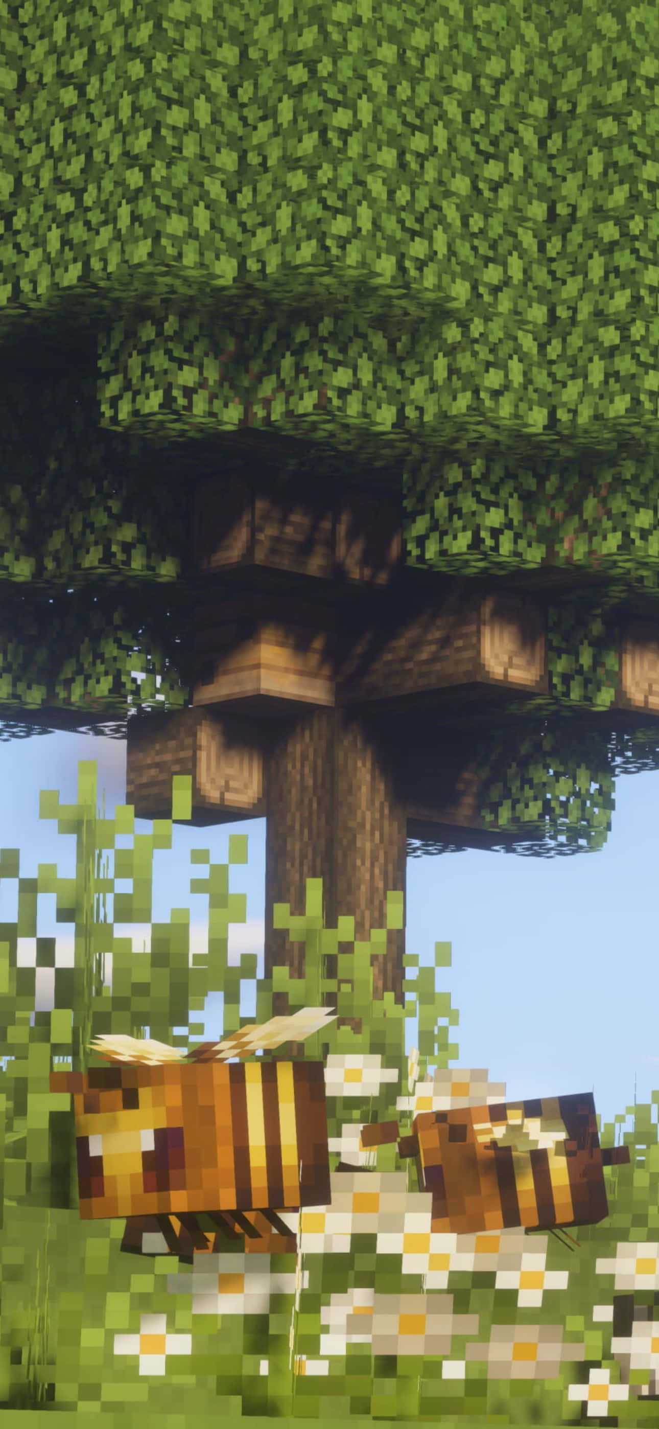 1290x2796 桌布 壁紙 — 像素蜜蜂在Minecraft風格的草地場景中，在一個方塊樹下面靠近雛菊徘徊。