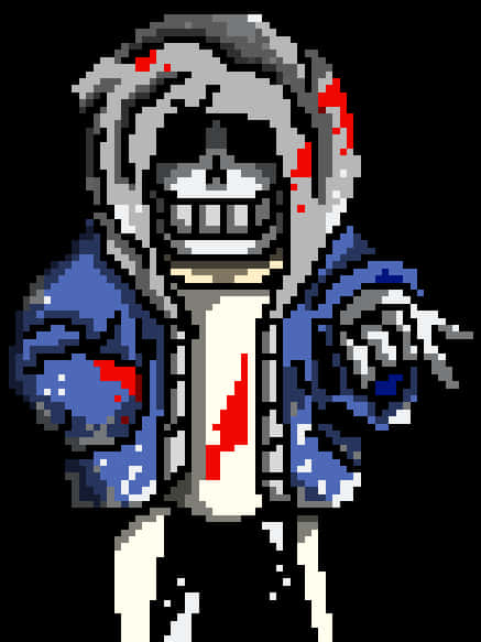 Undertale Sans 桌布 壁紙 — 像素角色，灰色連帽衫和藍色外套，站在黑色背景前，有紅色飛濺。