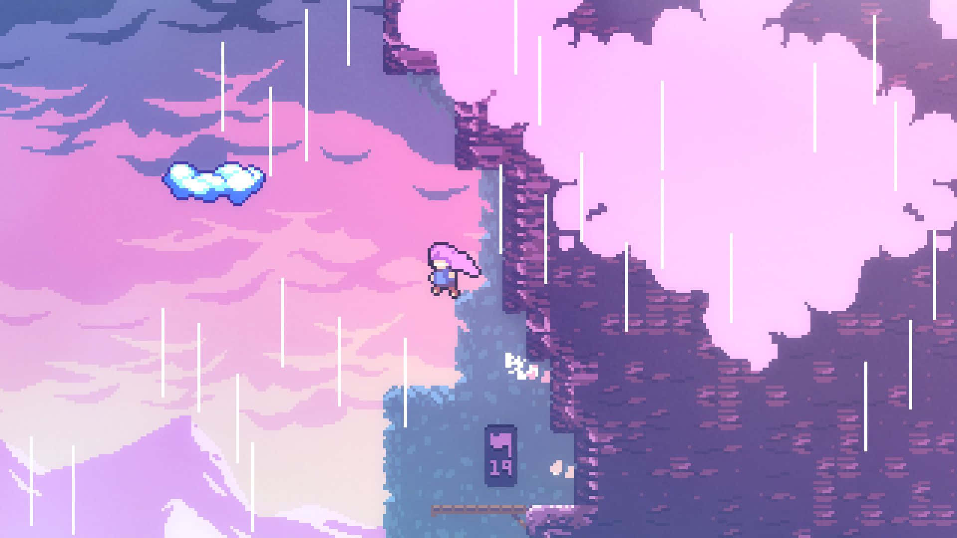 桌布 壁紙 — 像素角色，粉紅頭髮，站在懸崖邊，粉紅天空下，有雨落下和漂浮的心形雲。