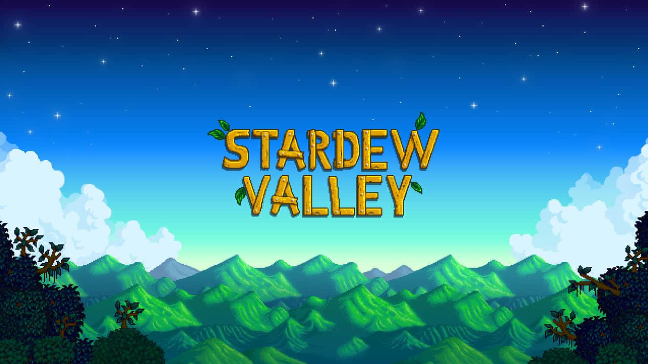 Indie Gaming 桌布 壁紙 — 像素金色字體的 Stardew Valley 遊戲標題漂浮在星空暮色下的起伏綠色山丘之上。