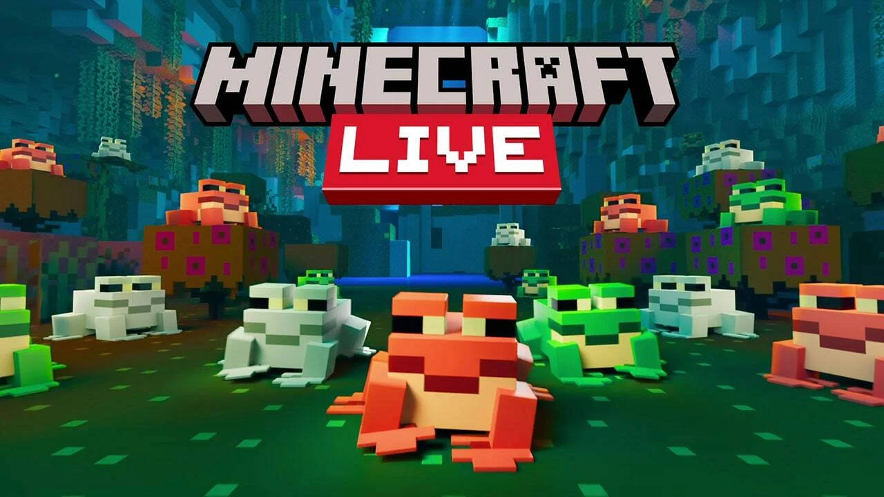  壁紙 — 像素青蛙和珊瑚方塊點綴著充滿活力的Minecraft水下場景，並帶有「Minecraft Live」標誌。
