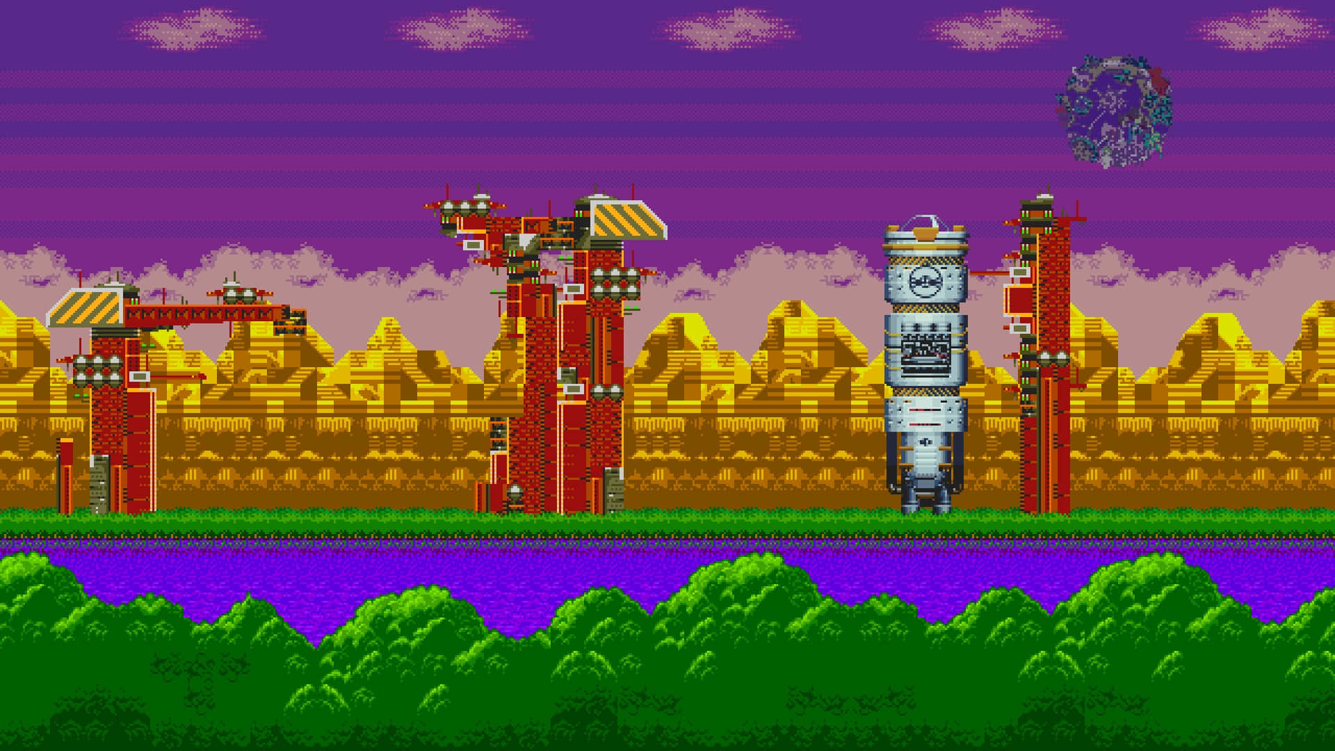 Sonic Launch Base Zone 桌布 壁紙 — 像素風格復古遊戲場景，紅色工業塔矗立在金色山脈和紫色天空前。