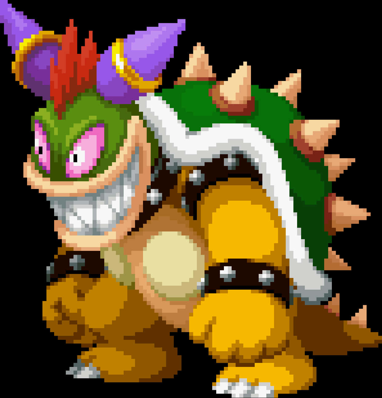 bowser 桌布 壁紙 — 像素風格的庫巴，帶有綠色龜殼和紫色尖刺皇冠，在黑色背景上露出威脅性的笑容。