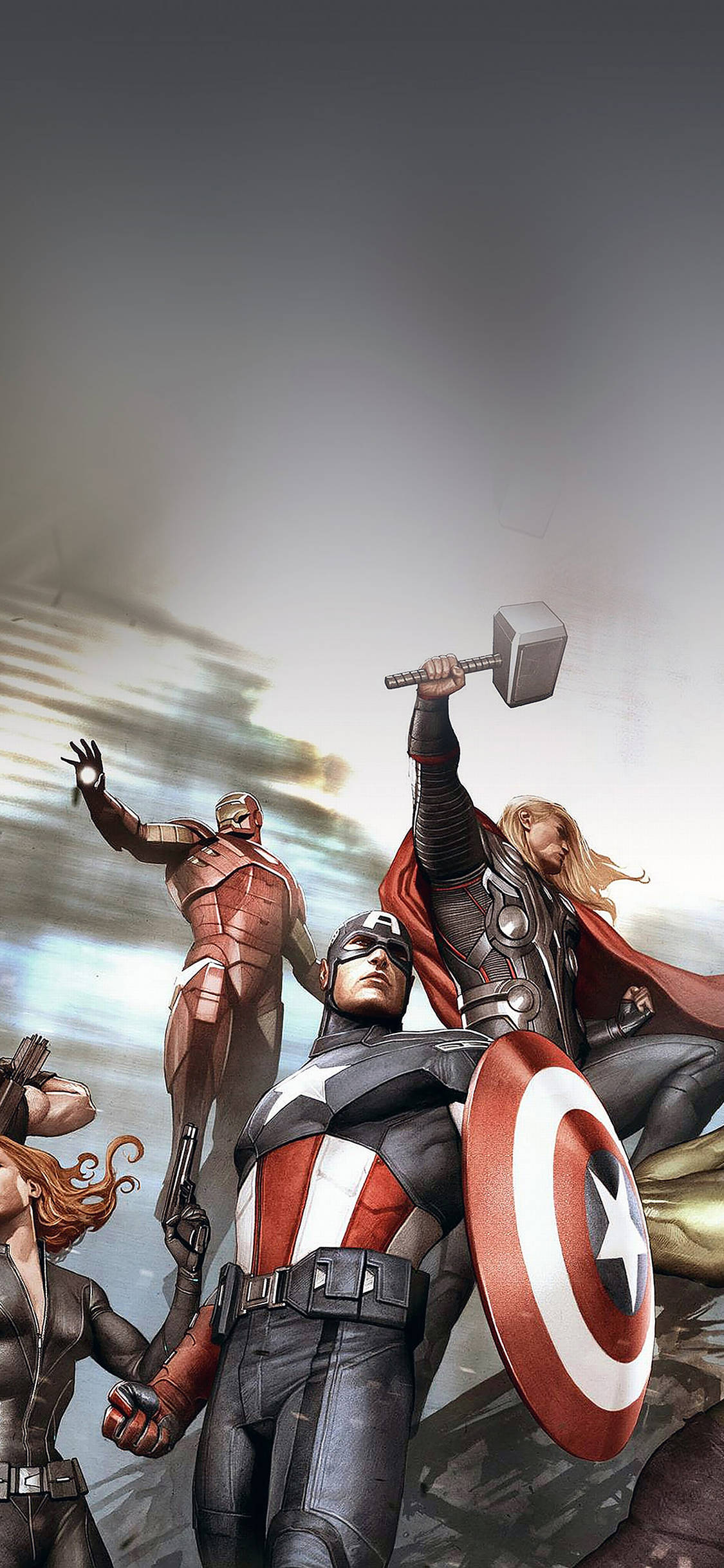 avengers iPhone x 桌布 壁紙 — 像美國隊長、雷神和鋼鐵人這樣的超級英雄在暴風雨的天空下以動態漫畫藝術英勇地站立。