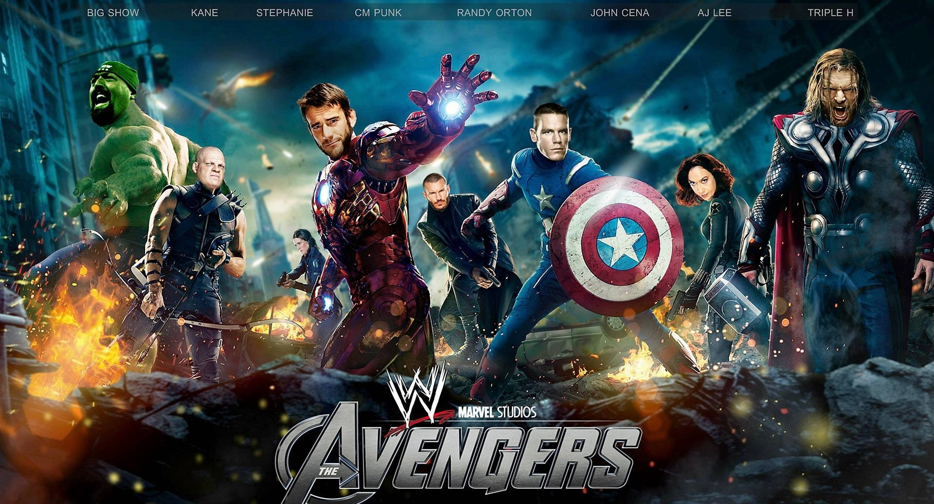 WWE 桌布 壁紙 — 像鋼鐵人和美國隊長這樣的超級英雄準備在黑暗暴風雨的背景下與WWE摔角手一起戰鬥。