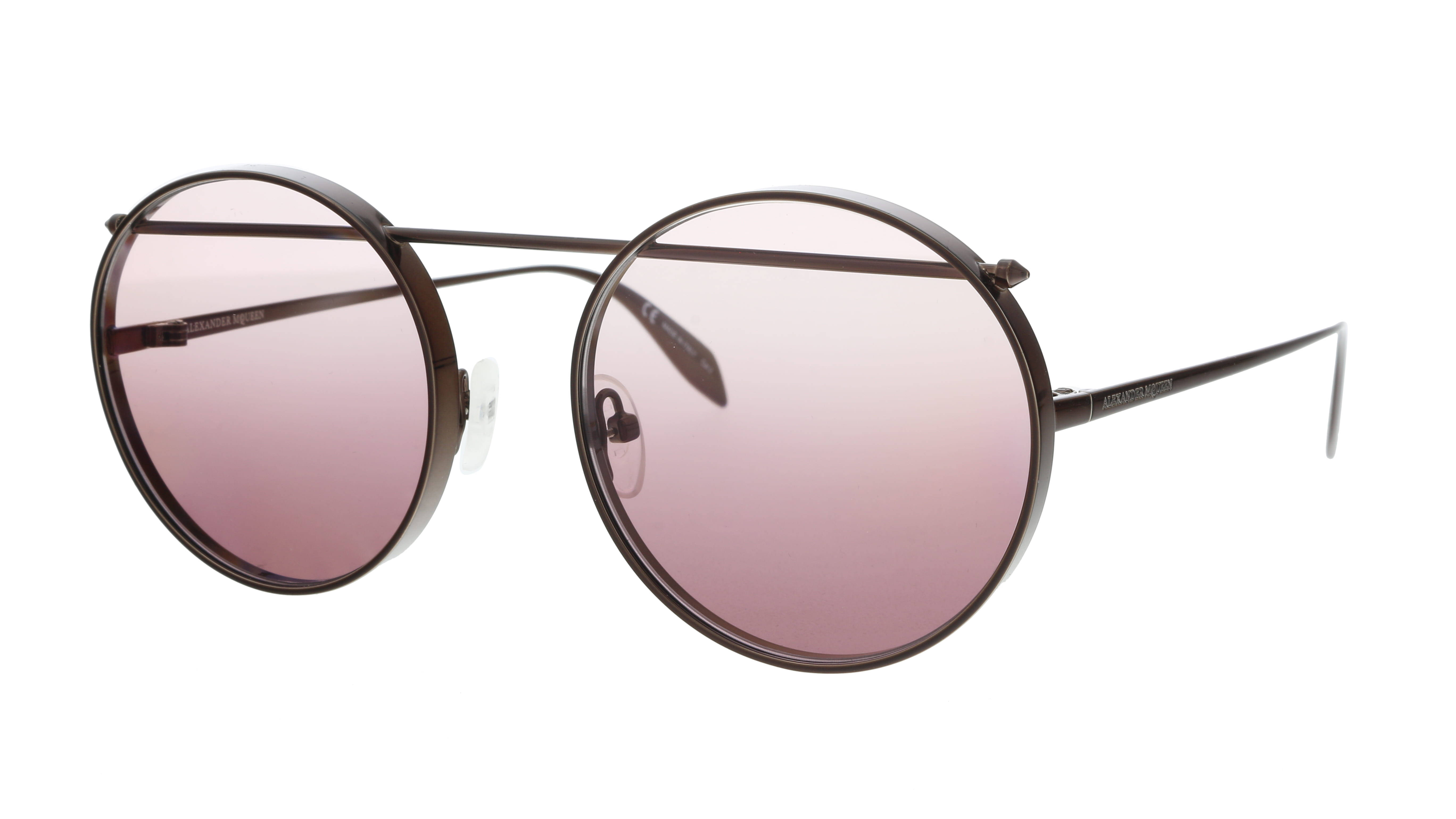 Sunglasses 桌布 壁紙 — 優雅圓形太陽眼鏡，搭配玫瑰色鏡片和細棕色金屬鏡框，置於潔白背景上。
