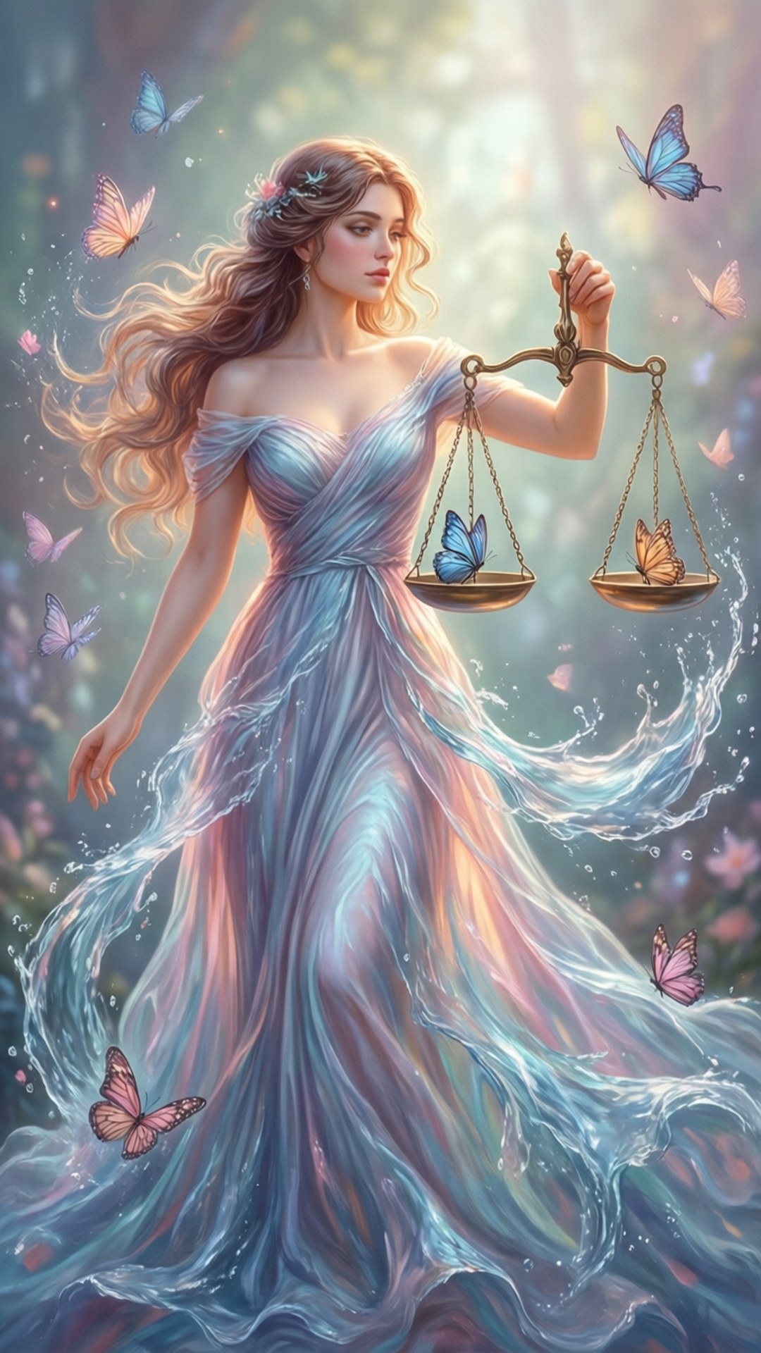 優雅天秤座女神 壁紙 — 一位優雅的女神身穿飄逸的藍色長袍，手持帶有蝴蝶的天秤，周圍環繞著柔和的光線和飛舞的翅膀。