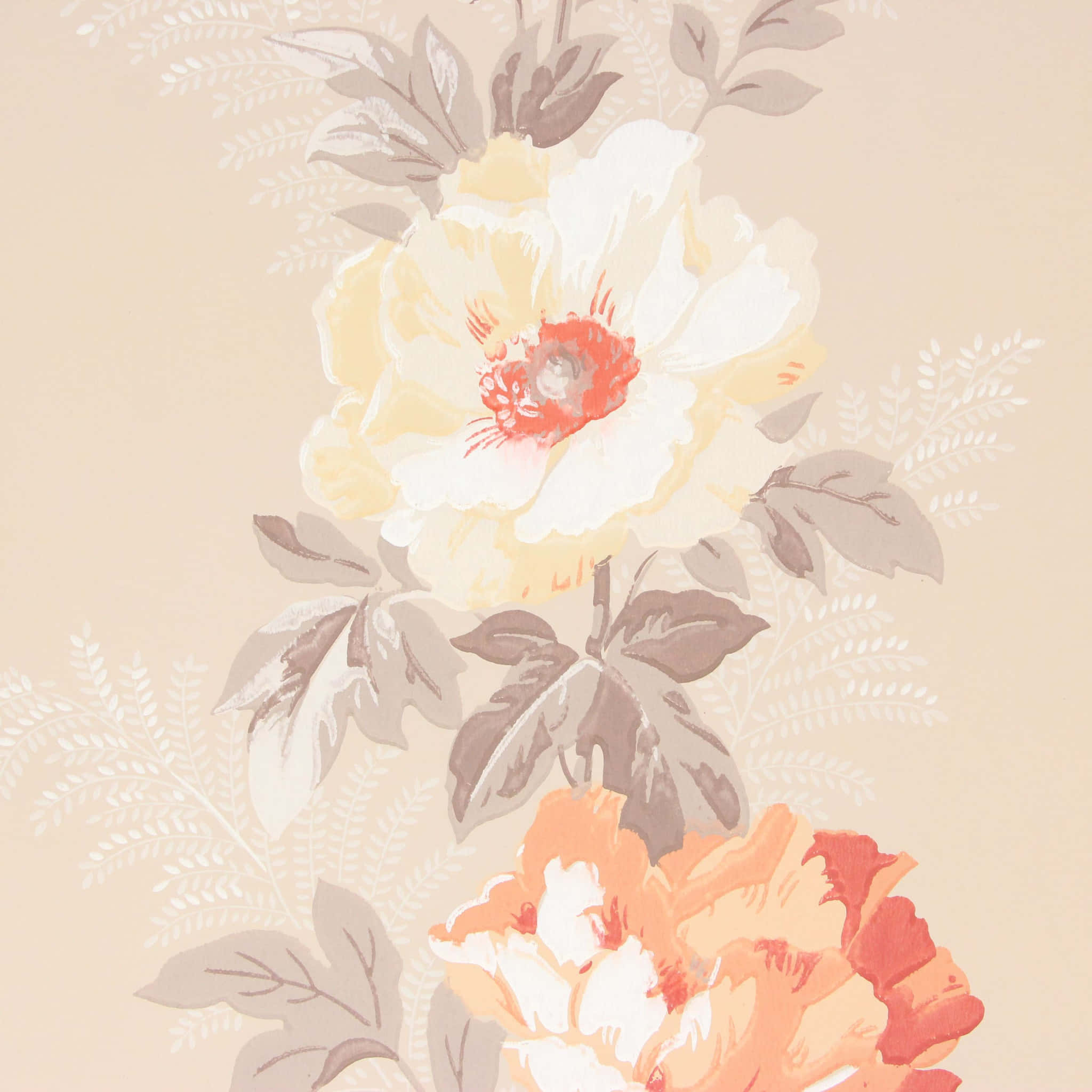 Vintage Peach 桌布 壁紙 — 優雅復古花卉壁紙，帶有柔和的桃奶油色花朵和柔和的灰綠色葉子，背景為淡米色。