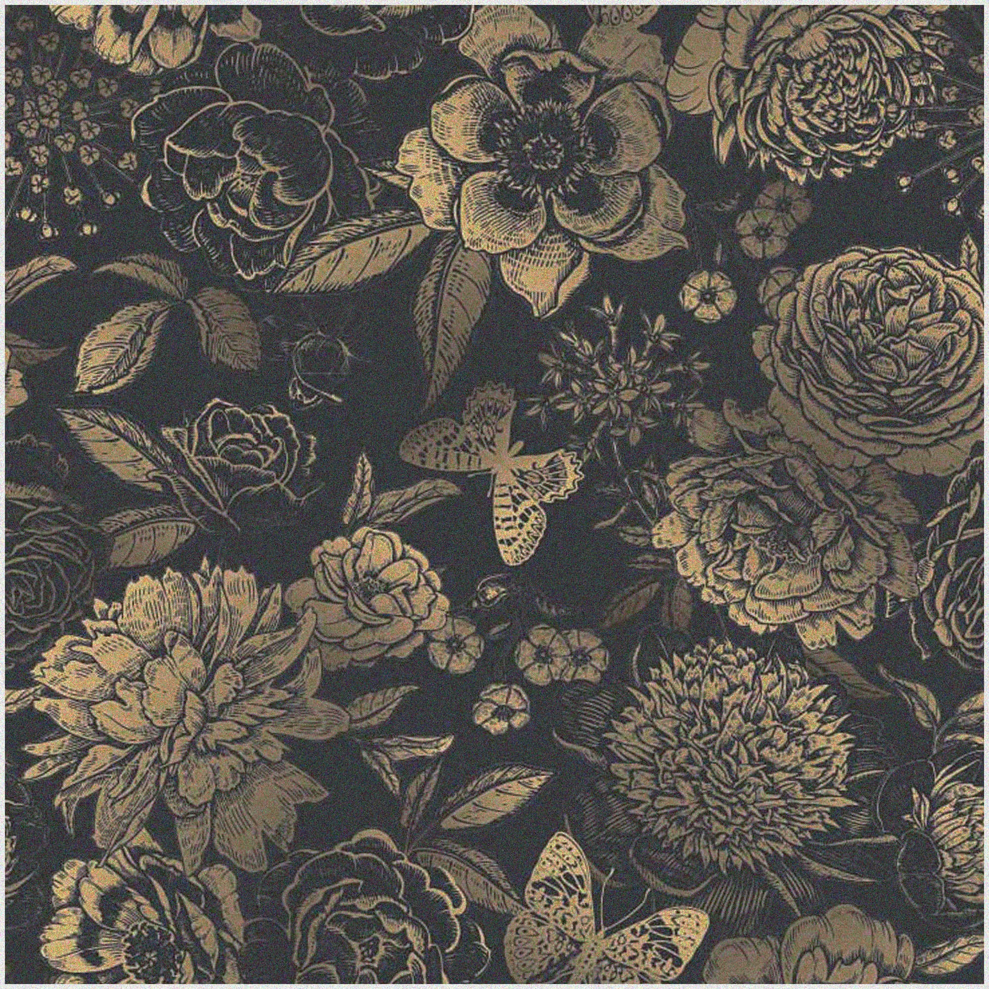 Vintage Floral 桌布 壁紙 — 優雅復古花卉壁紙，深黑色背景上帶有金色玫瑰和蝴蝶。