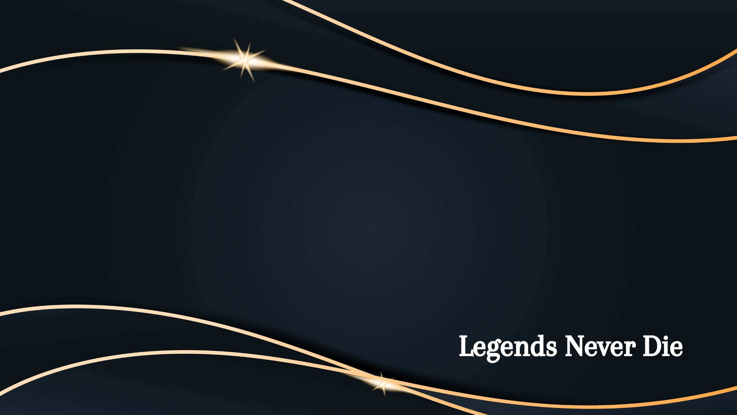 Legends Never Die 桌布 壁紙 — 優雅深藍色背景，帶有發光的金色曲線和閃爍的星星，環繞著文字 Legends Never Die。