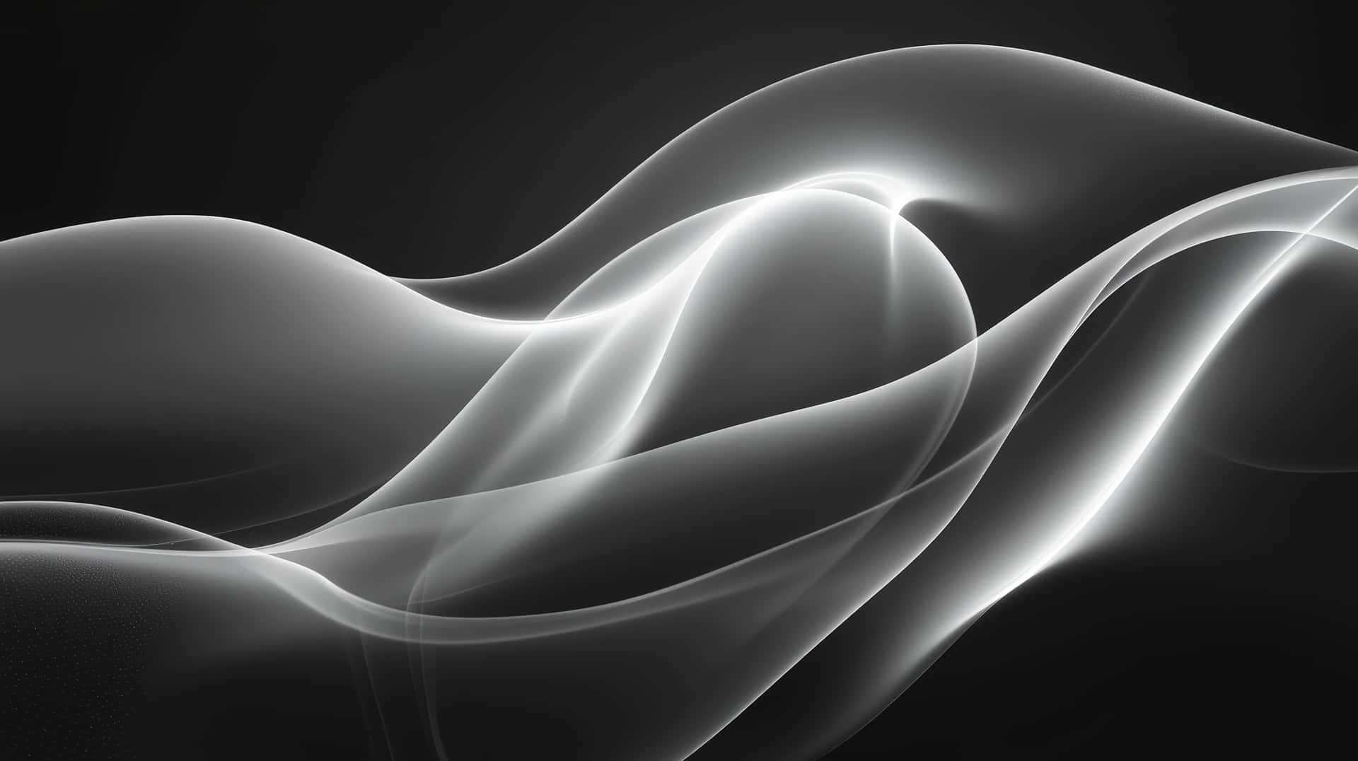 Abstract Glowing White Waves on Black Background 壁紙 — 優雅發光的白色絲帶在深黑色背景上優美地流動，營造出寧靜的抽象動感。