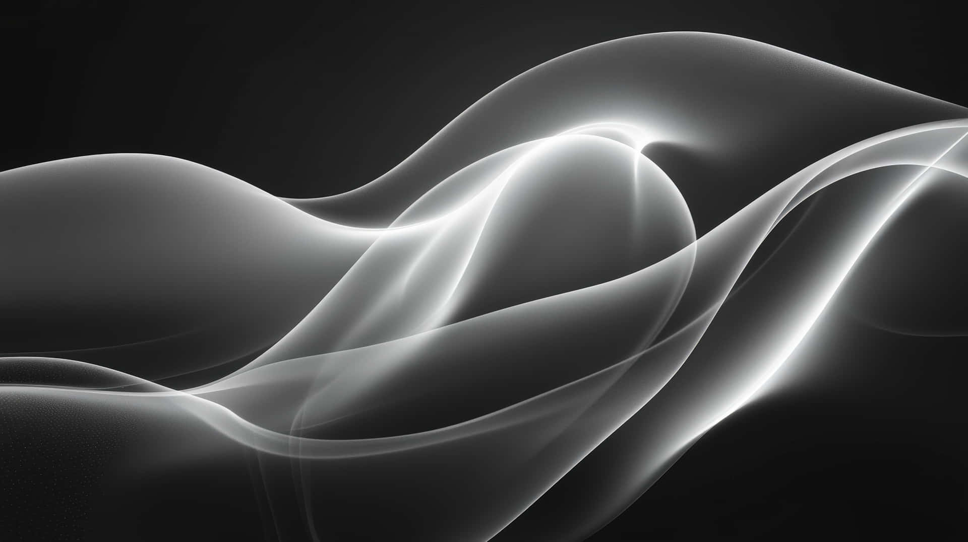 A close-up of smooth, flowing white smoke waves against a dark background 壁紙 — 優雅發光的白色絲帶在深黑色背景上優美地流動，營造出寧靜的抽象光雕塑。
