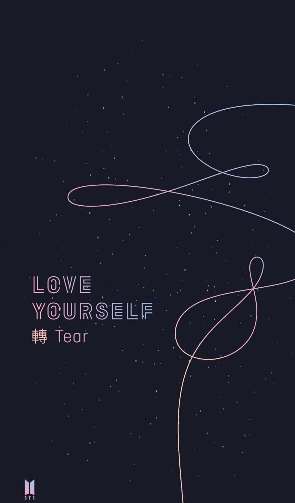 Bts Love Yourself 桌布 壁紙 — 優雅發光的粉紅色和藍色無限線條在繁星點點的深海軍藍背景上旋轉，帶有「LOVE YOURSELF 轉 Tear」文字。