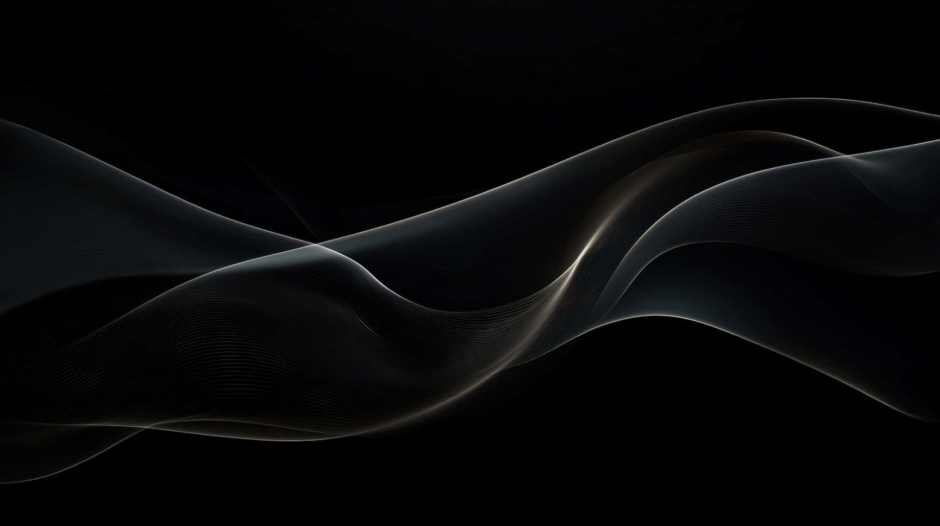 Smooth black light waves on dark background 壁紙 — 優雅發光的輕絲帶在深邃的黑色虛空中優美流動，營造出寧靜的抽象動感。