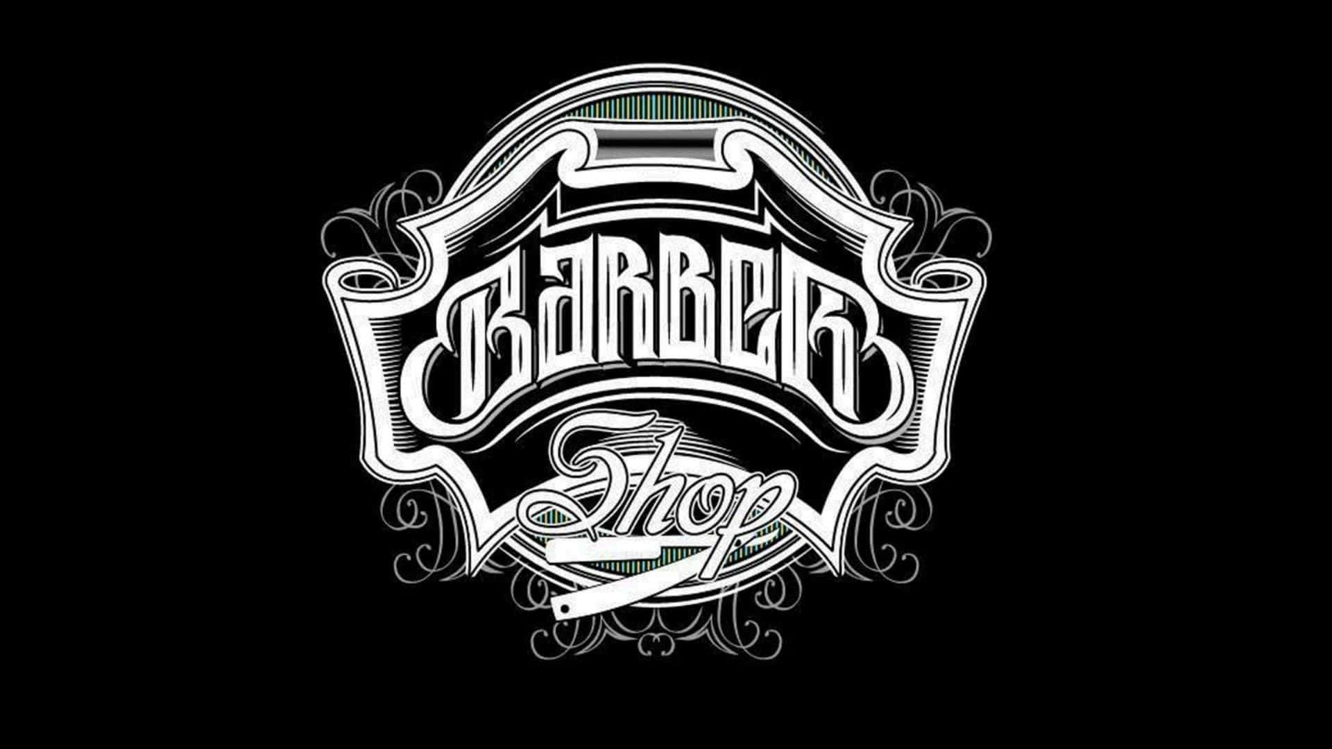 Barber Shop 桌布 壁紙 — 優雅白色復古理髮店標誌，帶有華麗捲曲花紋和粗體字樣，置於純黑背景上。