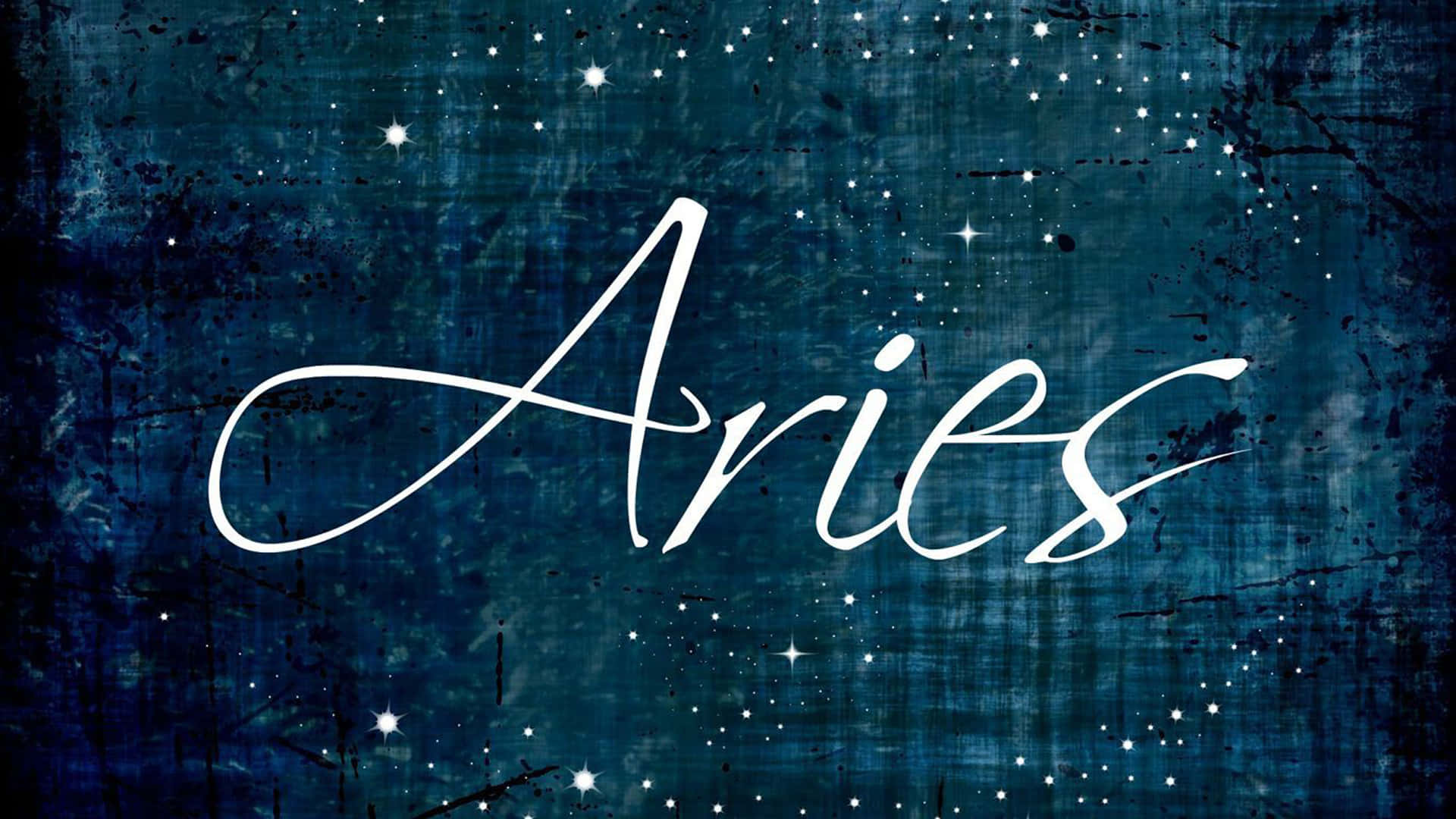aries 桌布 壁紙 — 優雅白色草書字體的「Aries」一詞，漂浮在帶有紋理的深藍色星空夜空中。