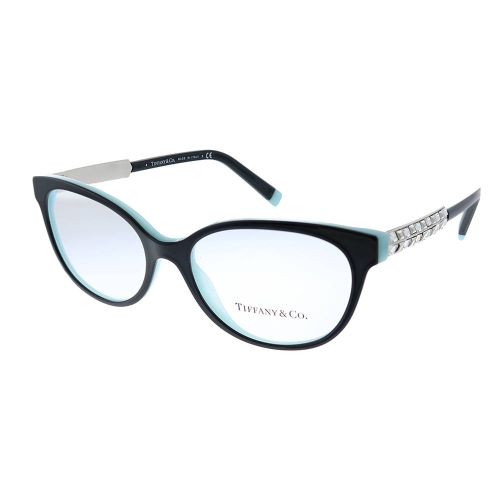 品牌 桌布 壁紙 — 優雅的Tiffany & Co.貓眼眼鏡，黑色鏡框，淺藍色點綴，水晶裝飾鏡腿，純白背景。