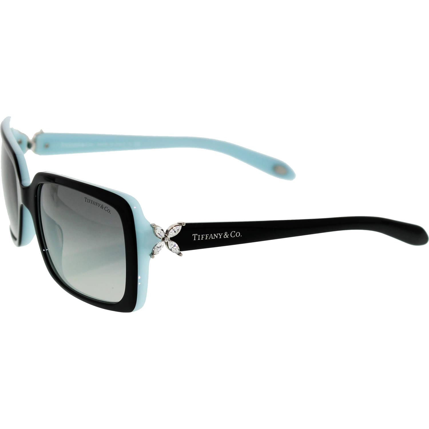 Sunglasses 桌布 壁紙 — 優雅的Tiffany & Co太陽眼鏡，黑色鏡框搭配淺藍色鏡臂，飾有閃爍水晶蝴蝶。