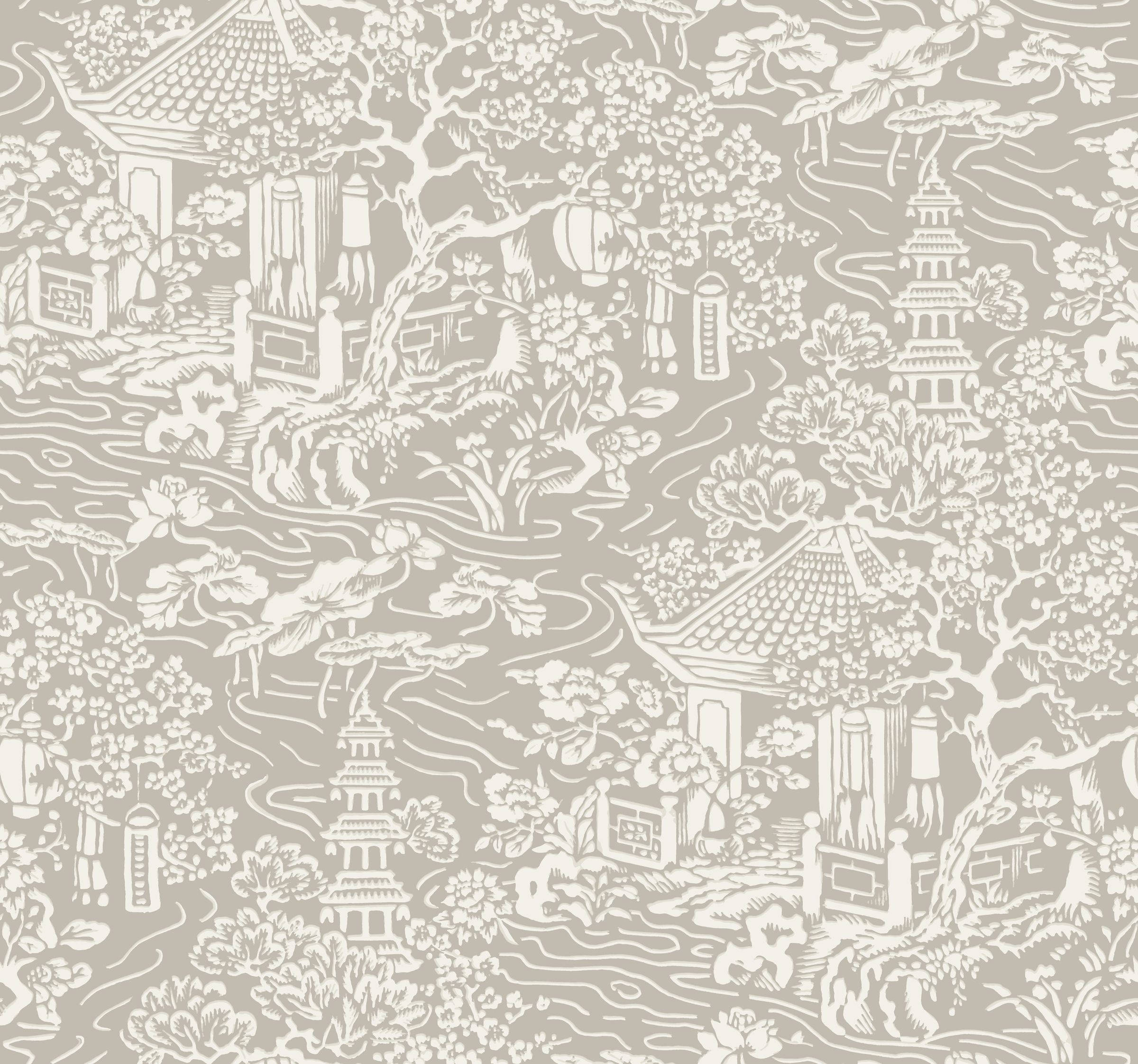 Chinoiserie 桌布 壁紙 — 優雅的Toile壁紙，在柔和的灰色背景上呈現白色中國風場景，包括寶塔、樹木和燈籠。