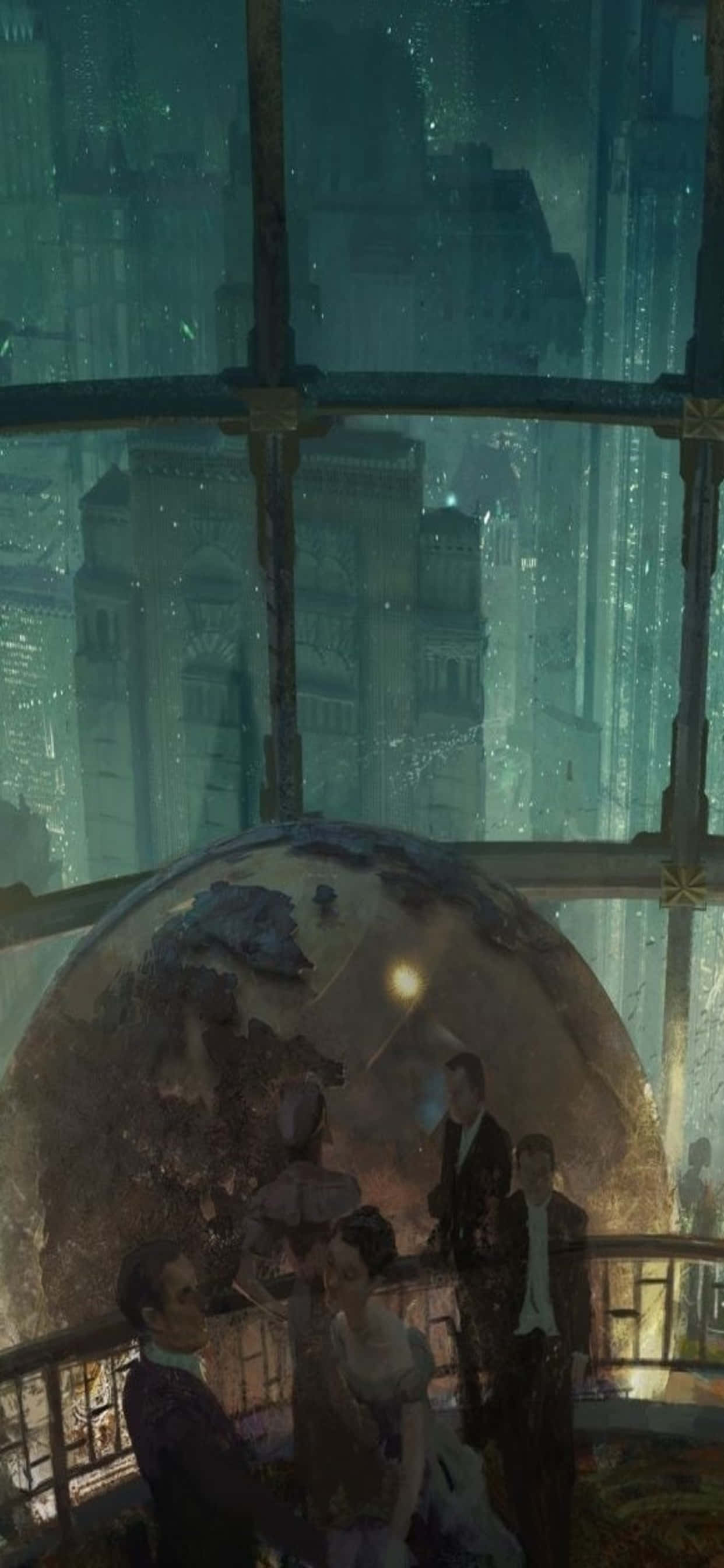 iPhone Xs Max Bioshock Infinite 桌布 壁紙 — 優雅的人物聚集在一個玻璃穹頂天文台內，圍繞著一個發光的地球儀，俯瞰著夜晚霧氣瀰漫的未來城市景觀。