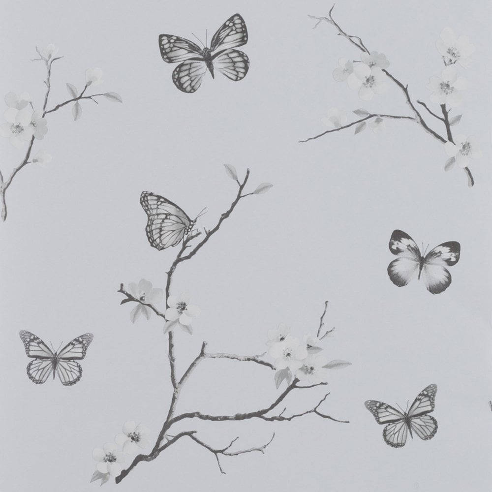 Pastel Butterfly 桌布 壁紙 — 優雅的單色壁紙，上面有精緻的櫻花樹枝和飛舞的蝴蝶，襯托著柔和的灰色背景。