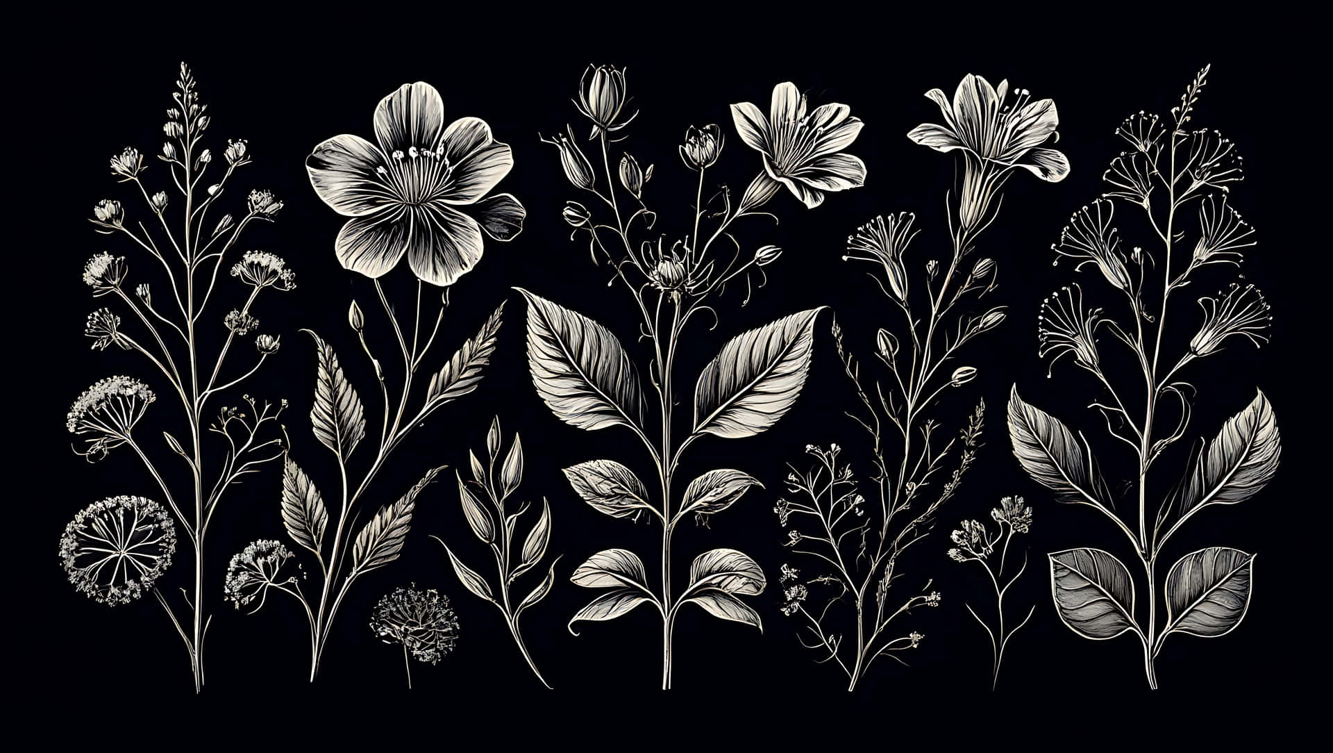 Elegant Botanical Illustration of Flowers and Leaves in White on Black Background 壁紙 — 優雅的單色植物插圖，描繪多種花卉和葉子，以精細線條藝術呈現，背景為純黑色。