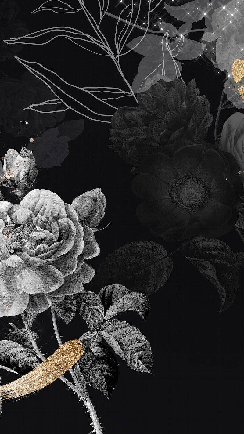 black aesthetic rose 桌布 壁紙 — 優雅的單色玫瑰搭配精緻金色點綴，在星光閃爍的黑色背景上盛開。