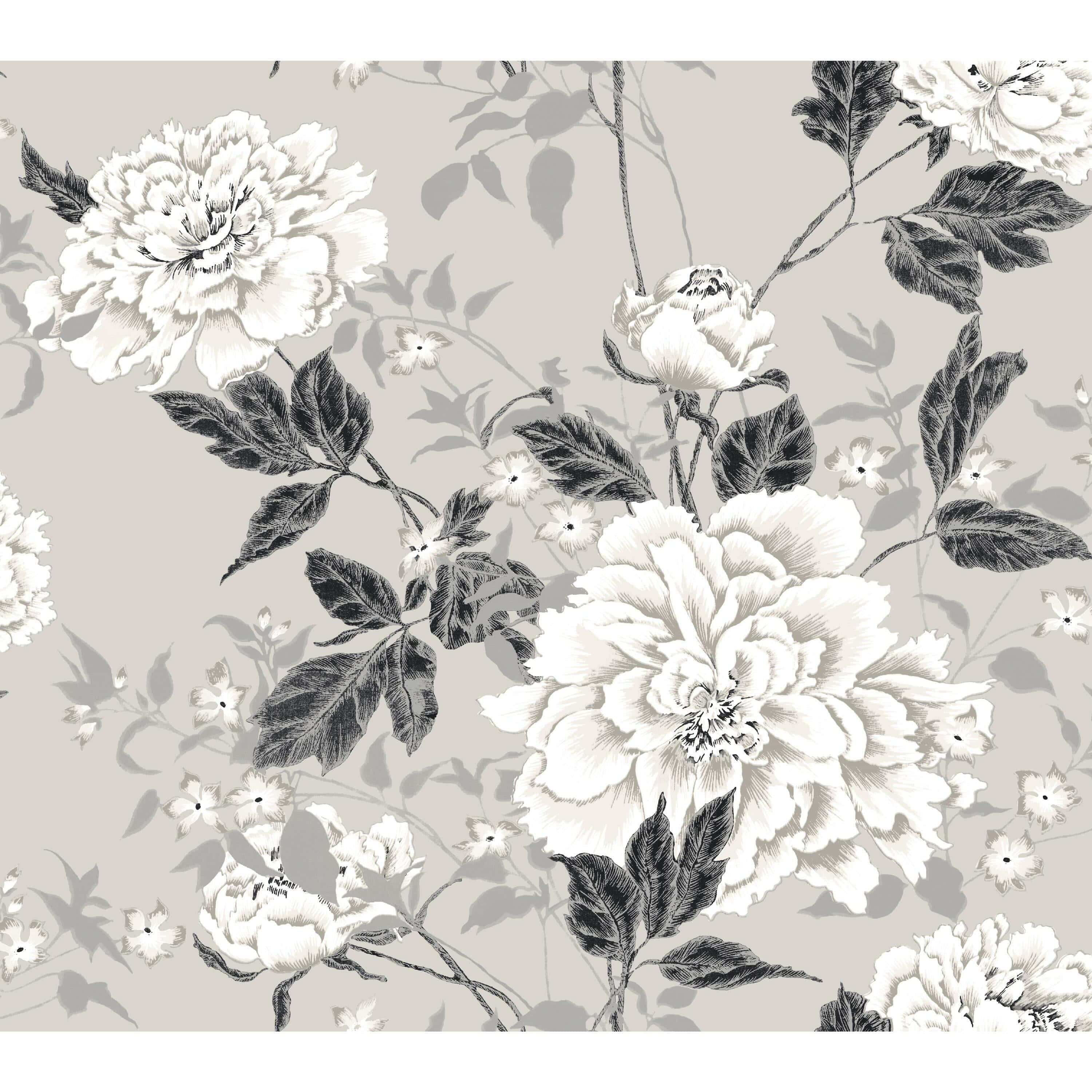Vintage Floral 桌布 壁紙 — 優雅的單色花卉壁紙，在柔和灰色背景上有詳細的牡丹和葉子。
