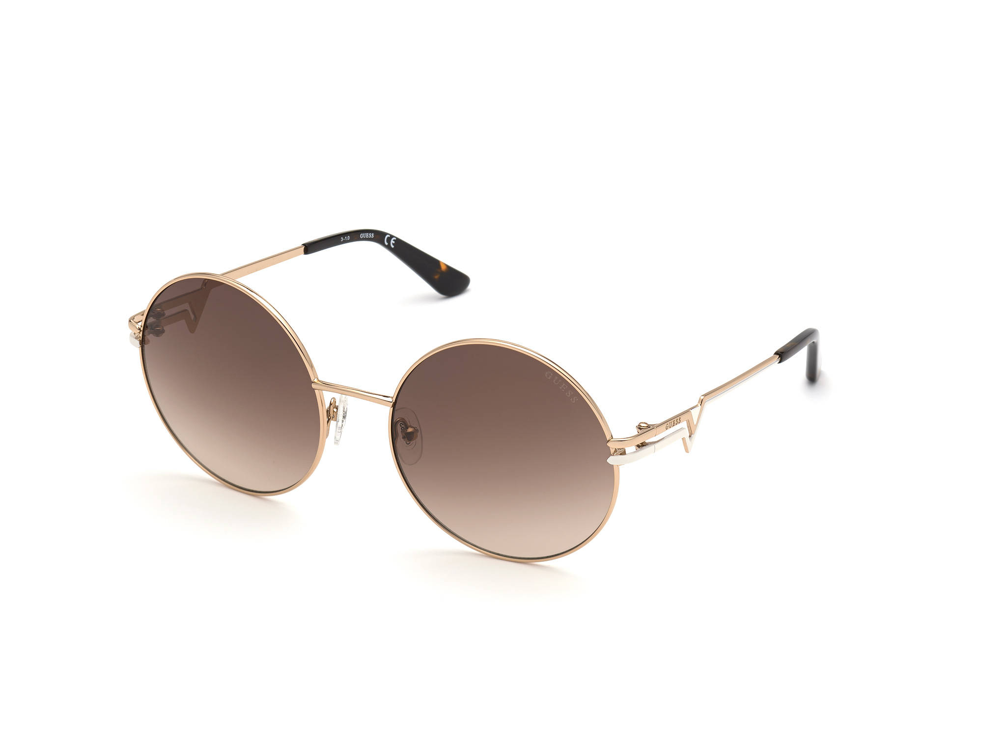 Sunglasses 桌布 壁紙 — 優雅的圓形太陽眼鏡，搭配金色金屬鏡框和漸層棕色鏡片，在乾淨的白色背景上展示。