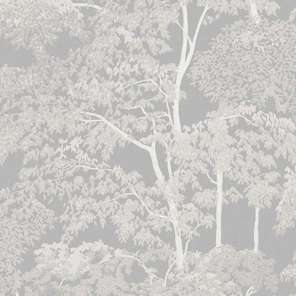 trees 桌布 壁紙 — 優雅的壁紙，上面有精緻的白色樹木剪影，襯托著柔和的灰色背景。