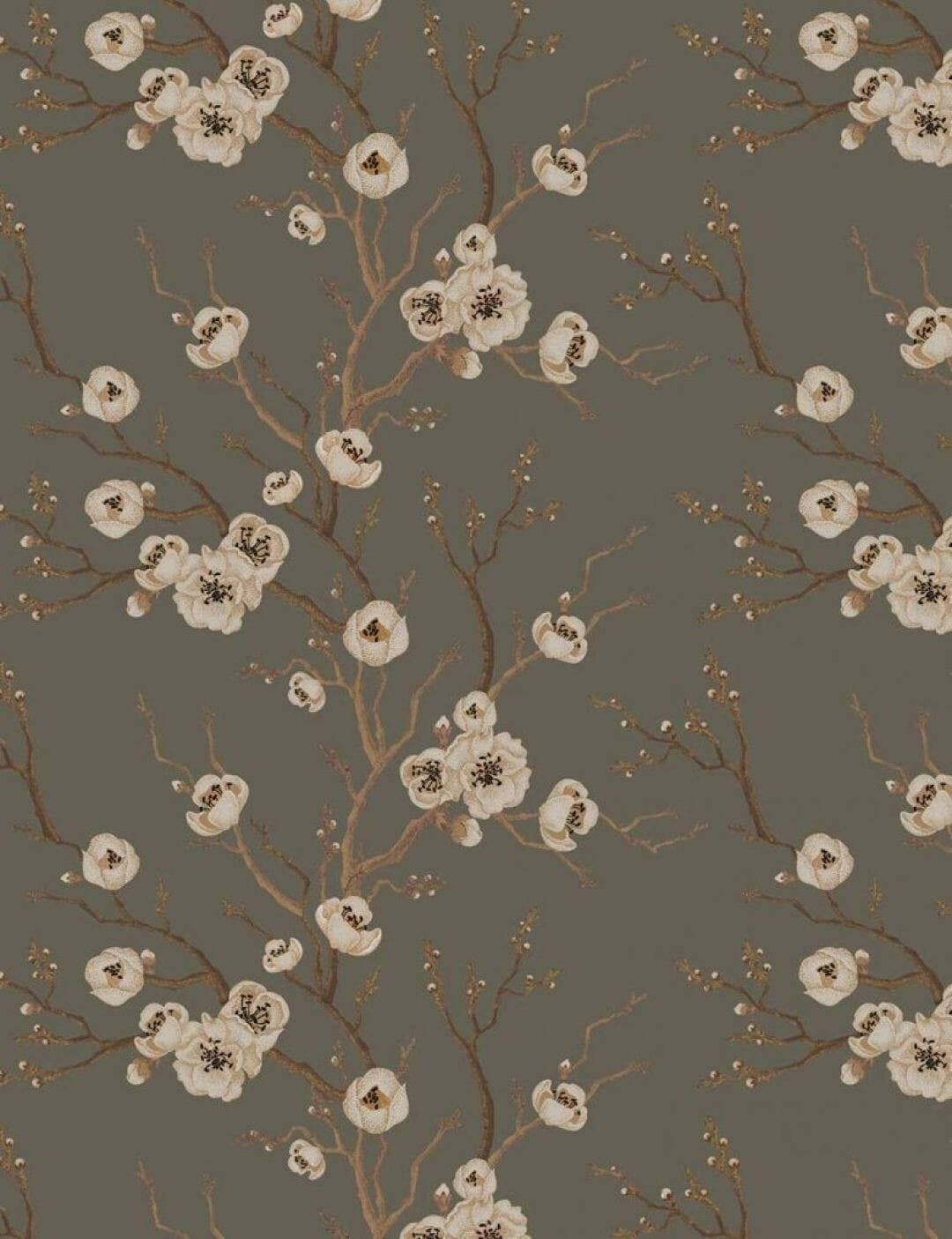 Beige Minimalist 桌布 壁紙 — 優雅的壁紙，帶有精緻的白色花朵和棕色樹枝，背景為柔和的灰色。