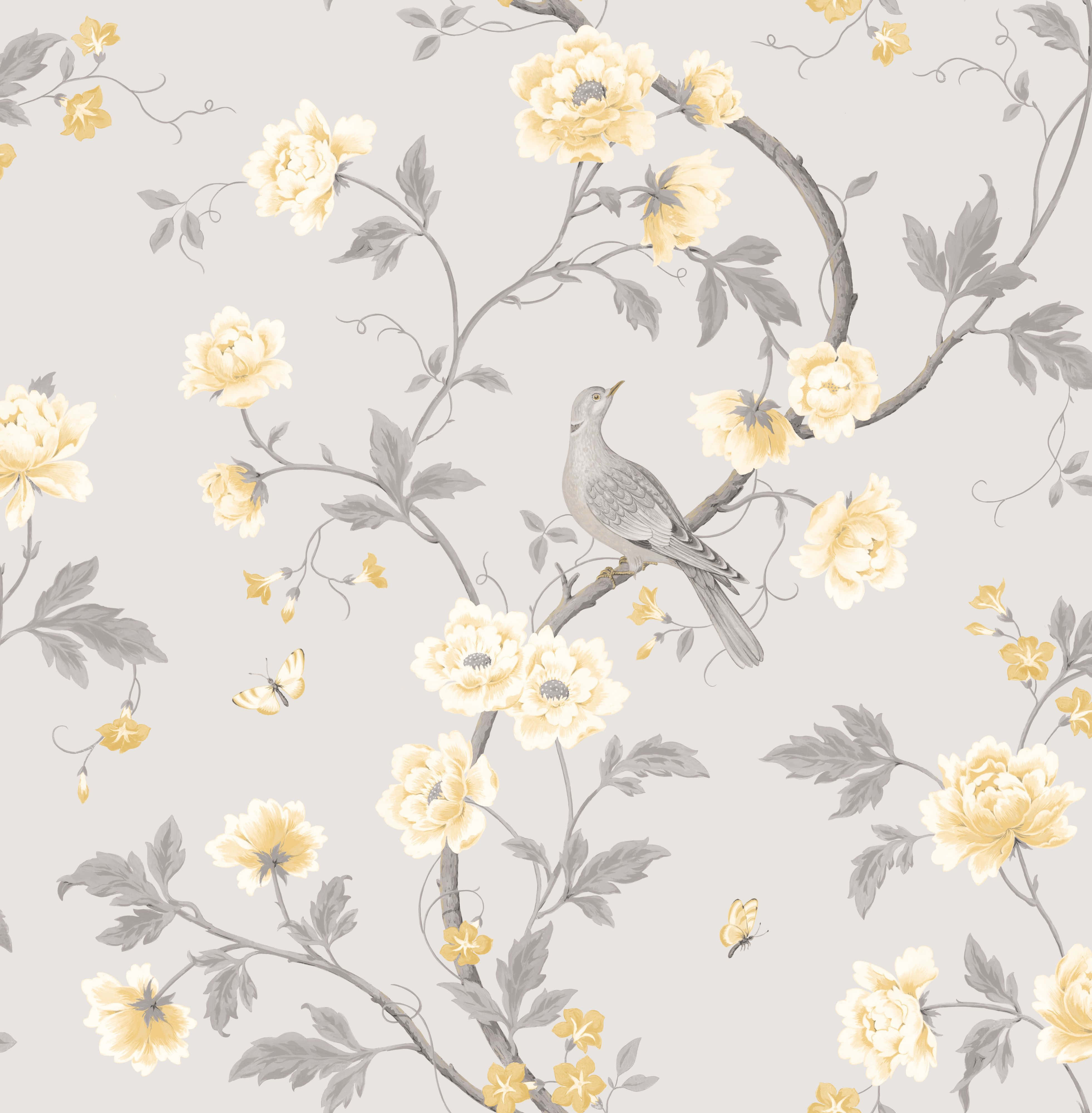 Gray And Yellow 桌布 壁紙 — 優雅的壁紙，有灰色樹枝、奶油色和黃色的花朵，還有一隻棲息的鳥，背景是柔和的灰色。