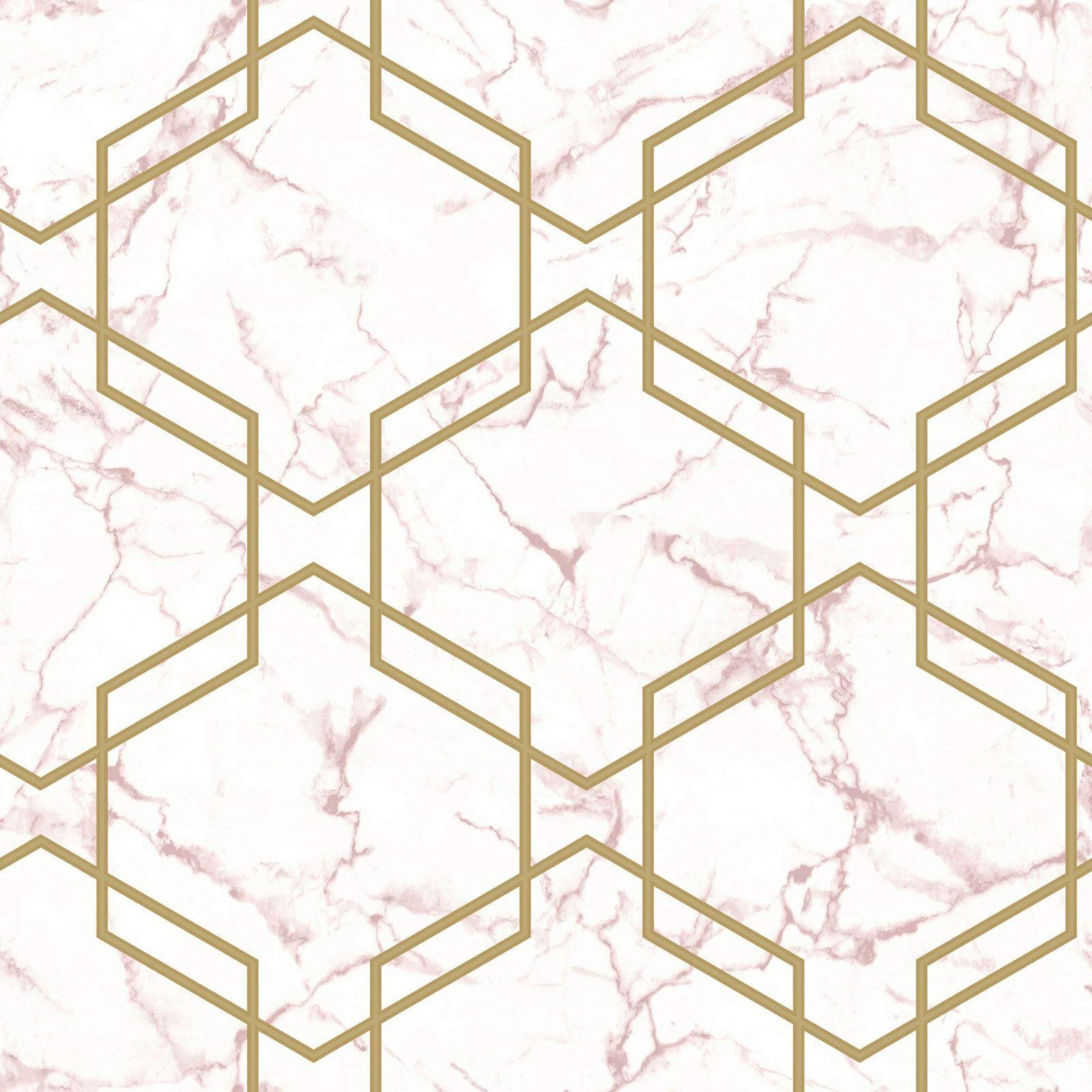 Pink Marble 桌布 壁紙 — 優雅的壁紙，金色六邊形輪廓在柔和粉紅色大理石紋理上。