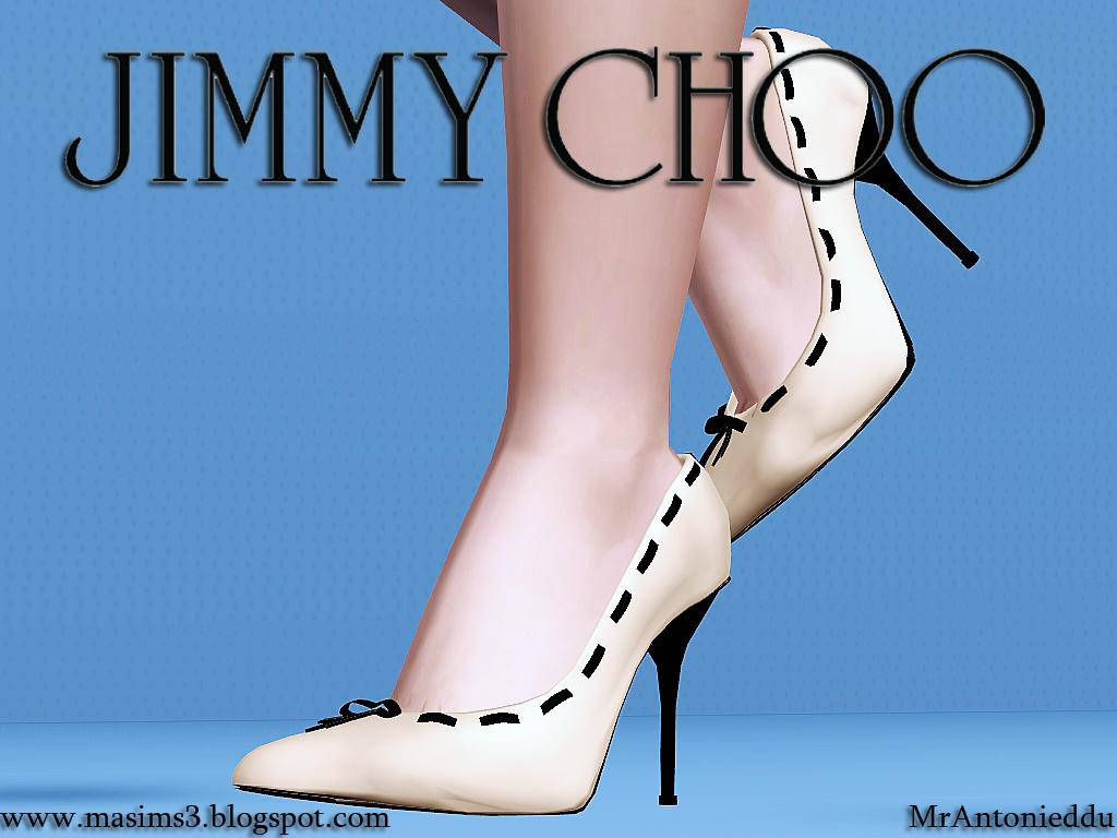鞋子 桌布 壁紙 — 優雅的奶油色Jimmy Choo高跟鞋，帶有黑色縫線和蝴蝶結，背景為藍色紋理。