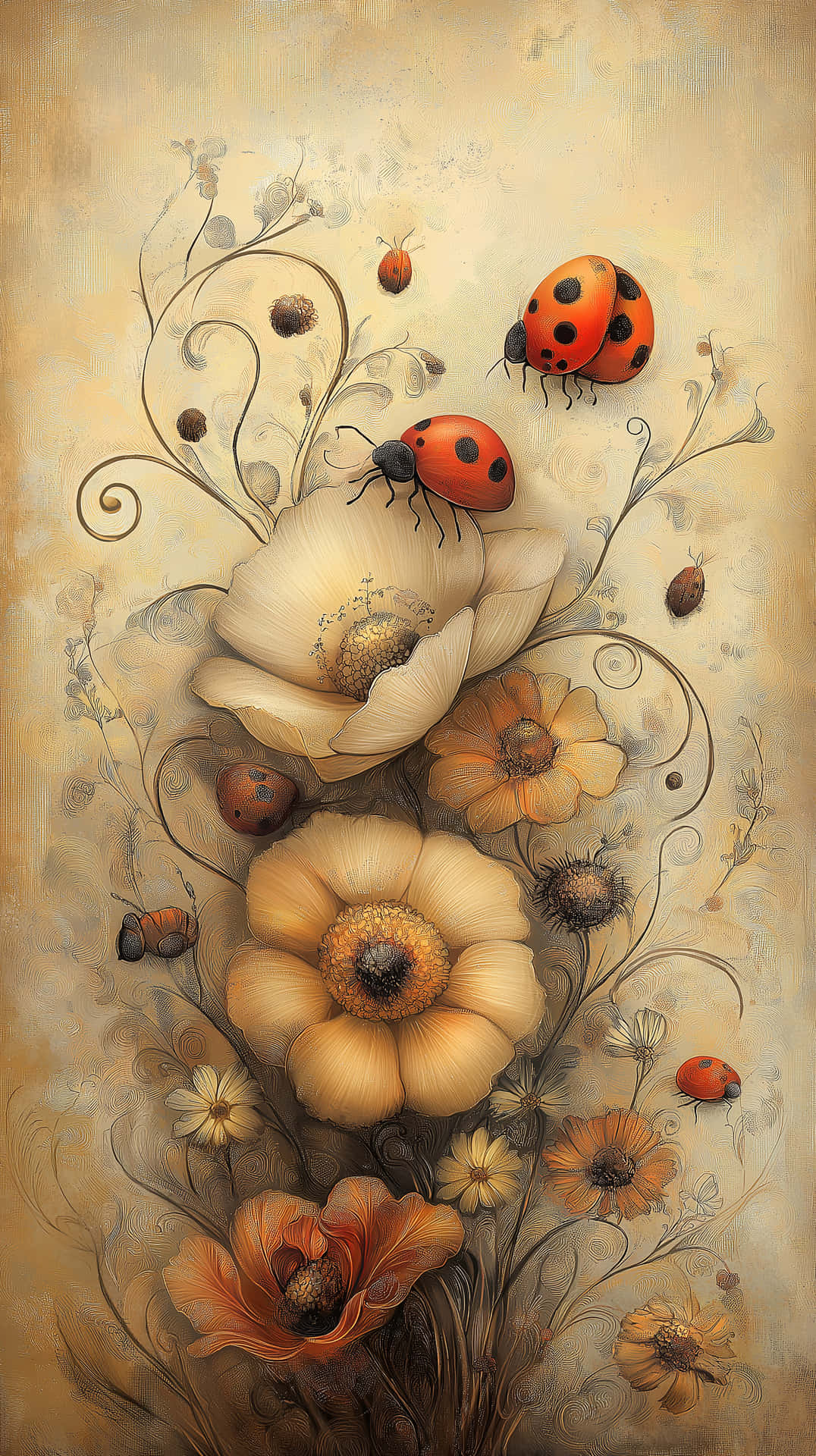 Whimsical Floral Arrangement with Insects and Vines 壁紙 — 優雅的奶油色和橙色花朵，帶有旋轉的莖和紅色瓢蟲，在柔軟的米色紋理背景上綻放。