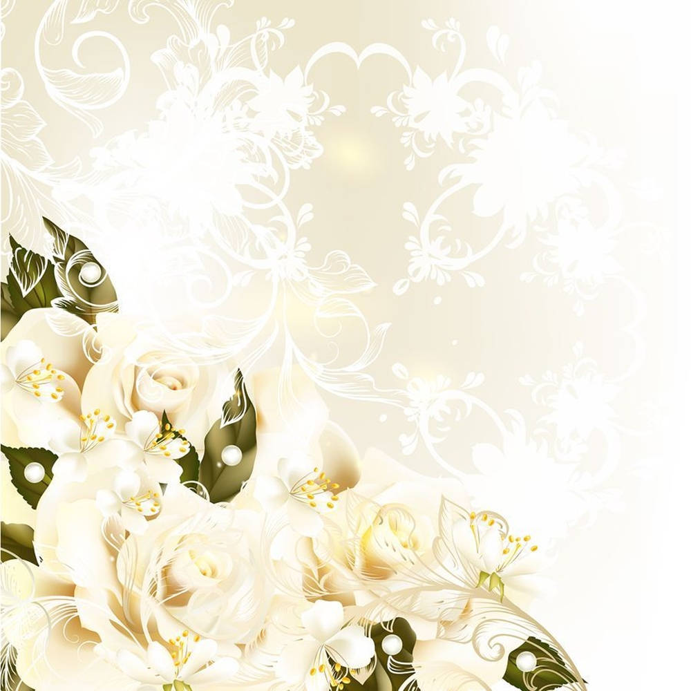 Wedding 桌布 壁紙 — 優雅的奶油色玫瑰和茉莉花在柔和的米色背景上綻放，背景點綴著精緻的白色花卉漩渦。