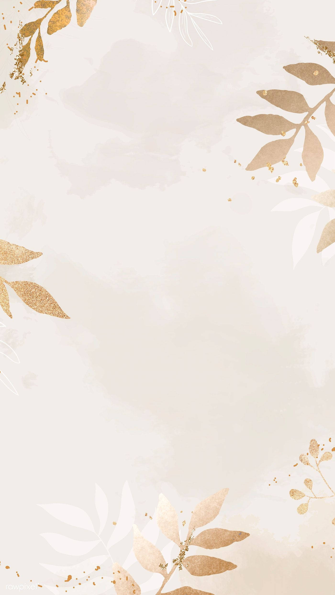 Beige iPhone 桌布 壁紙 — 優雅的奶油色背景，角落飾有金色樹枝和精緻的白色花卉剪影。
