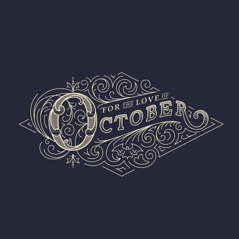 October 桌布 壁紙 — 優雅的奶油色華麗字體，在深海軍藍背景上寫著「FOR THE LOVE OF OCTOBER」。