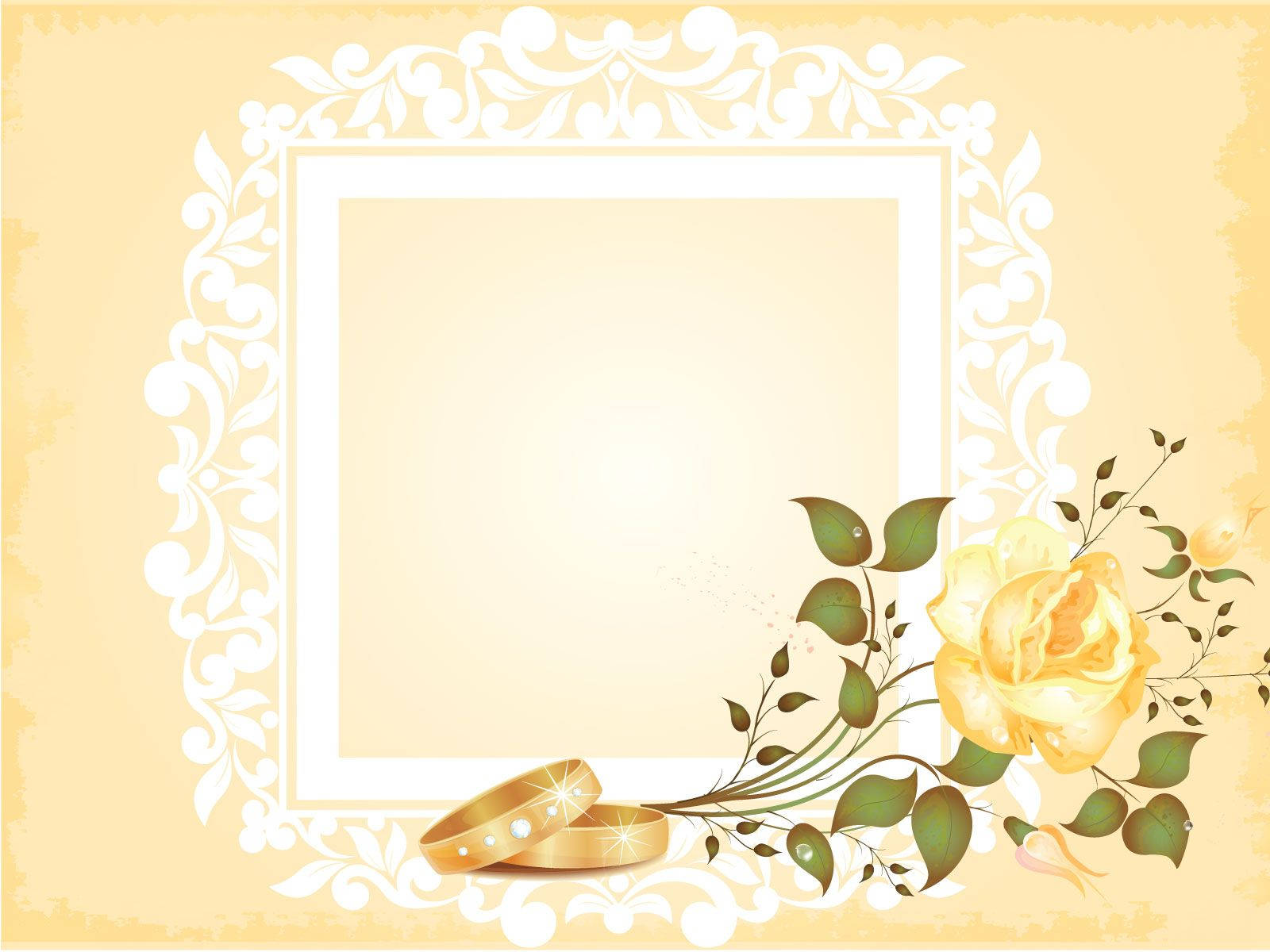 Frame 桌布 壁紙 — 優雅的婚禮主題壁紙，配有華麗白色框架、金戒指和黃玫瑰，背景為奶油色。
