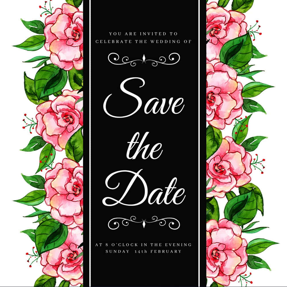 Wedding Card 桌布 壁紙 — 優雅的婚禮保存日期卡，以水彩粉紅玫瑰和綠葉鑲嵌在黑色背景上。
