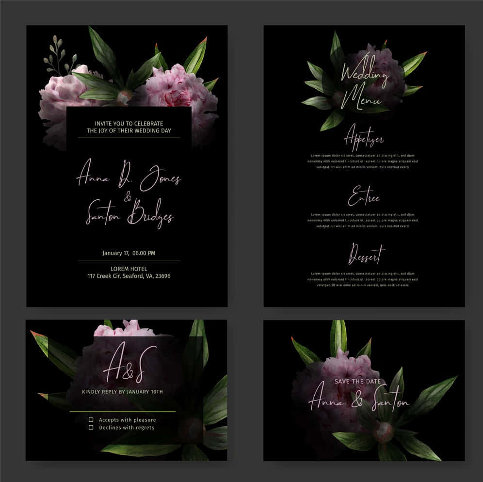 Invitation 桌布 壁紙 — 優雅的婚禮文具套裝，黑色背景上配有粉紅色牡丹和綠色葉子，包括邀請卡、菜單和保存日期卡。