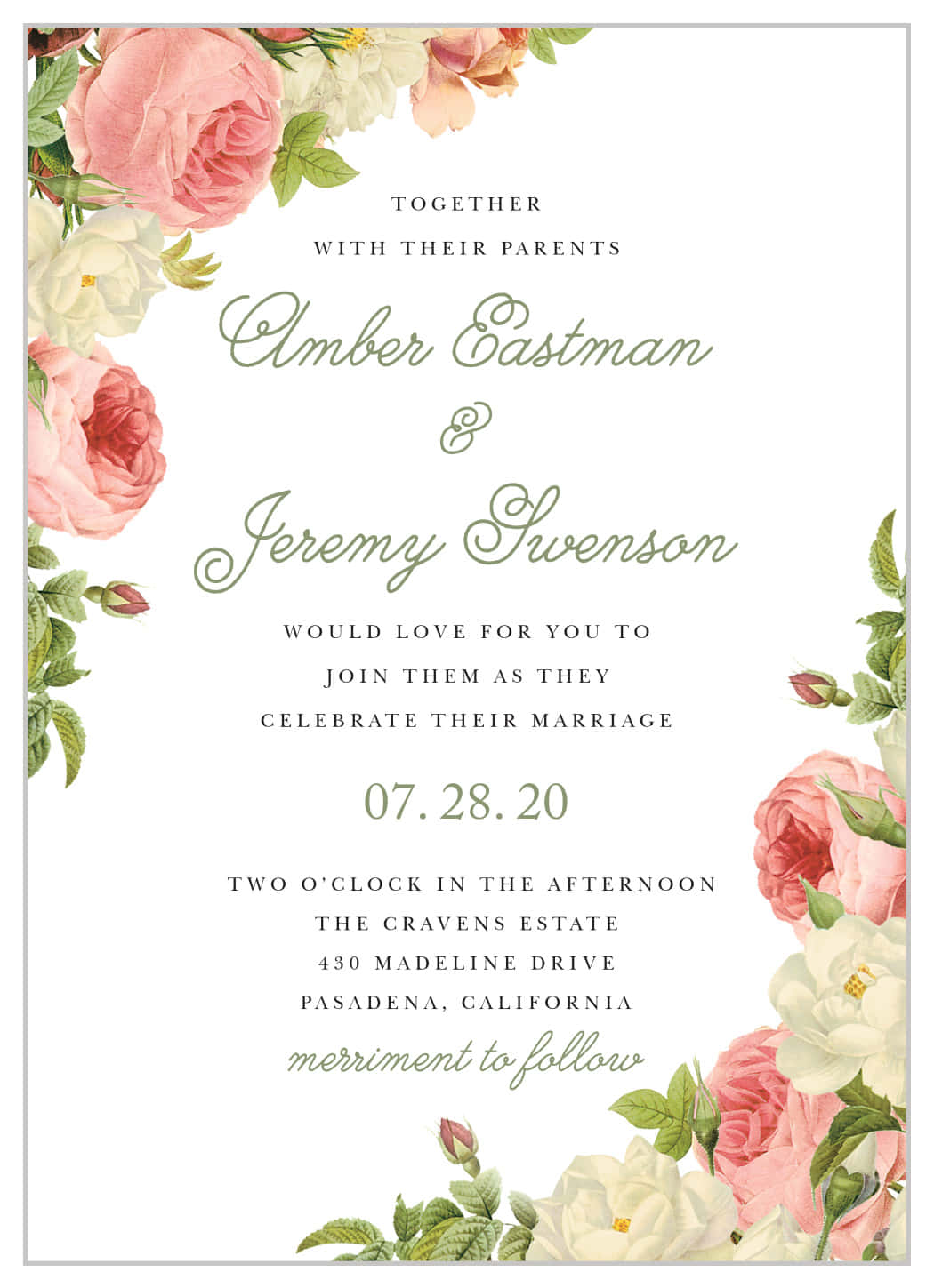 Wedding Card 桌布 壁紙 — 優雅的婚禮邀請函，以柔和的粉紅和白色玫瑰及綠葉點綴在潔白背景上。