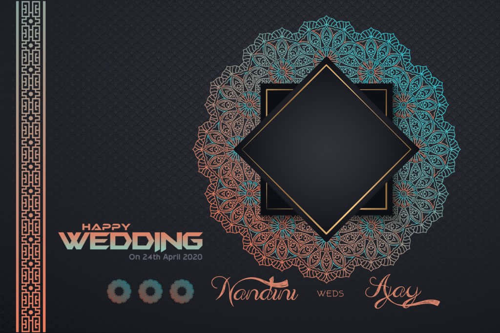 Wedding Album 桌布 壁紙 — 優雅的婚禮邀請函，在深色紋理背景上帶有複雜的藍綠色和銅色曼陀羅圖案。